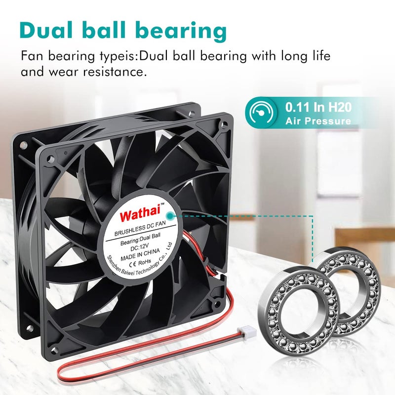 Wathai 140mm x 38mm Case Fan 12V Exhaust Fan Dual Ball High Airflow 220CFM 3000RPM DC High Static Pressure CFM Fan for DIY Project Ventilation Cooling - Image 3
